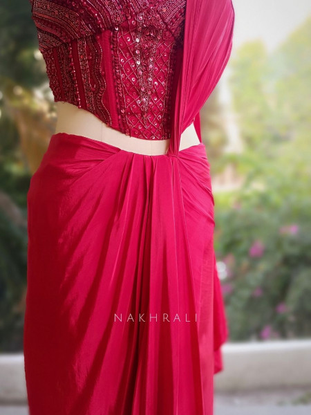 Mehika Red Sequin & Cut Dana Drape Saree Set