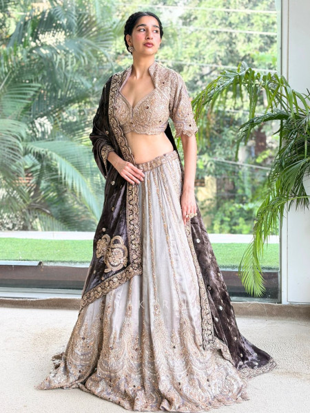 Stardust Silver Grey Raw Silk & Velvet Lehenga