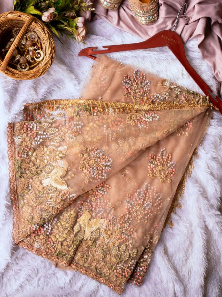 Wisteria Onion Pink Embroidered Saree with Bird and Floral Motifs