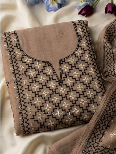 Karigari Beige Dress Material With Contrast Embroidery and Border Detail