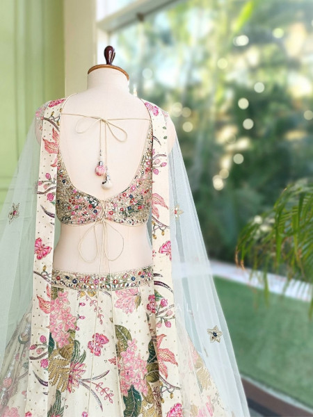 Secret Garden Cream Georgette Silk Floral Lehenga