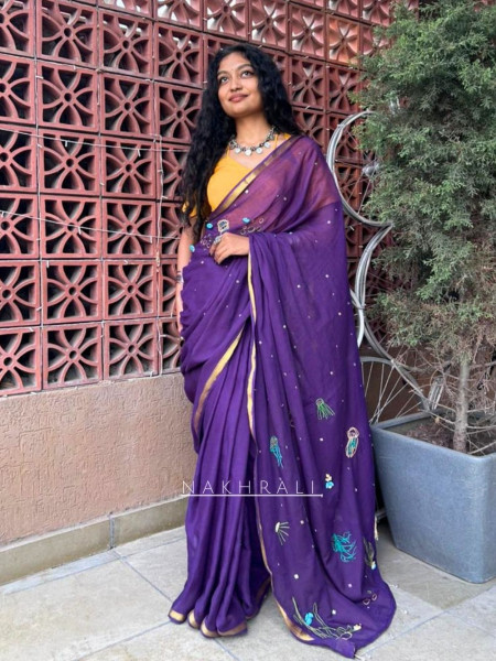 Ocean Muse Purple Mull Cotton Saree with Thread Embroidery