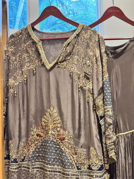 Dhavira Grey Metallic Tissue Georgette & Modal Satin Gharara Suit Set