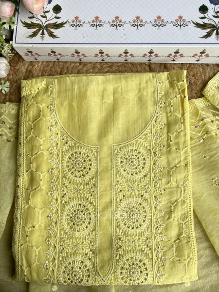Ishira Yellow Embroidered Cotton Dress Material Set