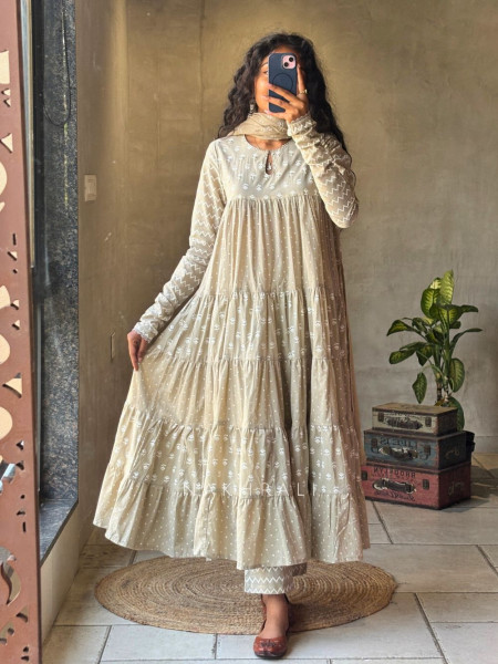 Mireya Beige Cotton Anarkali Suit Set with Printed Design