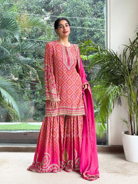 Gota-Kiran Magenta Modal Satin Silk Suit Set