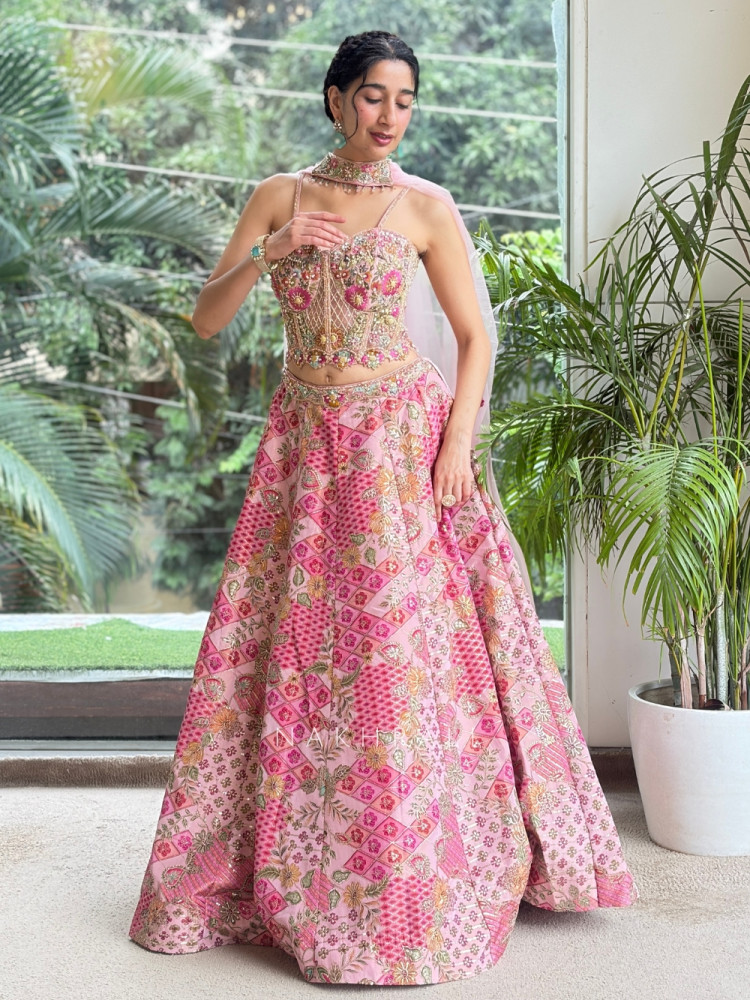Image of Whimsical Candy-Pink Geometric Lehenga