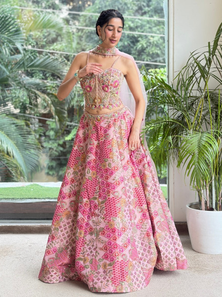 Whimsical Candy-Pink Geometric Lehenga