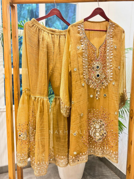 Aisha Mustard Tissue Suit Set with Mirror and Gota Patti Work