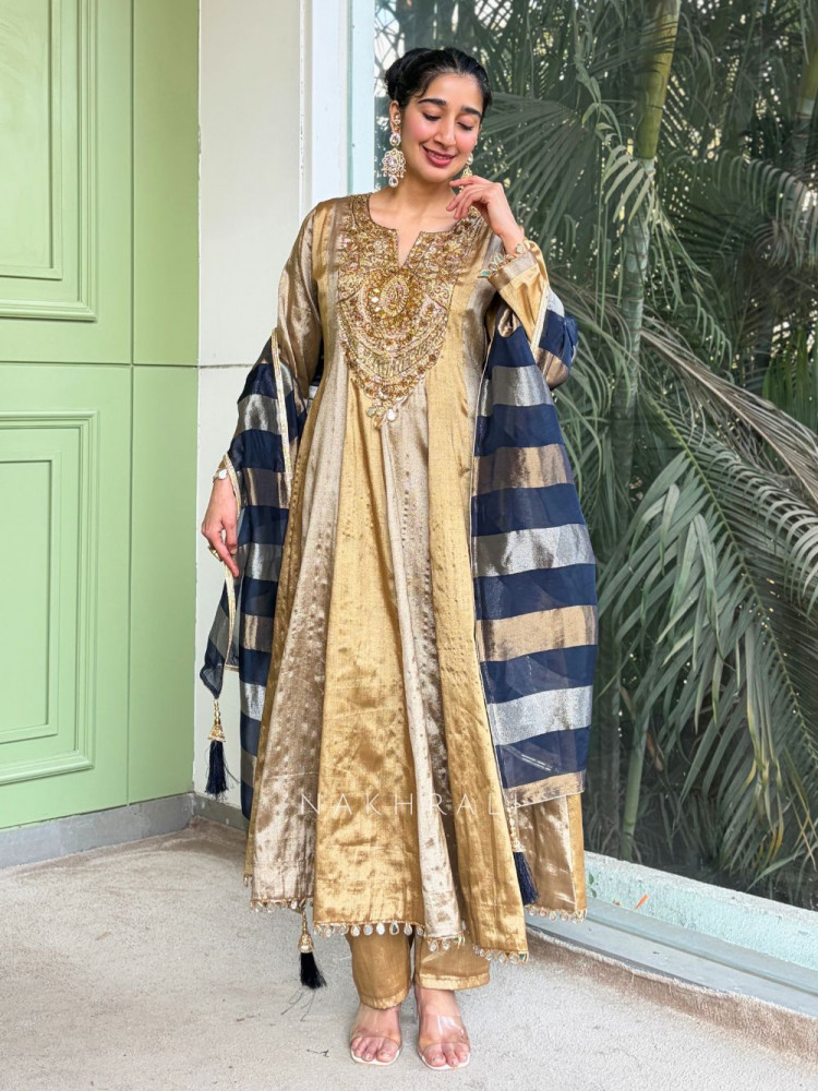 Image of Nazneen Blue Anarkali Suit Set with Contrast Dupatta