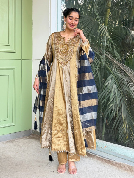 Nazneen Blue Anarkali Suit Set with Contrast Dupatta