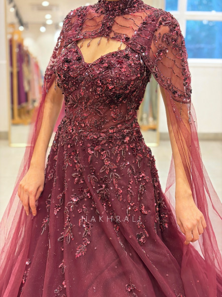 Bordeaux Maroon Soft Net Evening Gown