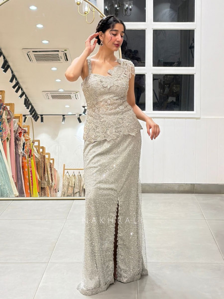Astral Shimmer Grey Floral Lace & Shimmer Tulle Net Indo-Western Crop Top Skirt Set
