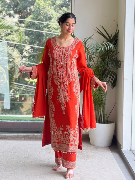 Vermilion  Orange Georgette Crepe-Silk Blend Straight Suit Set