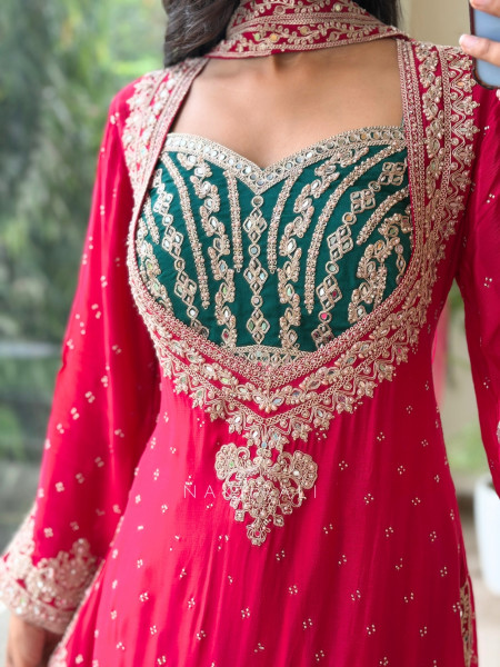Baroque Ensemble Red Georgette & Velvet Bustier Palazzo Suit Set