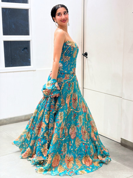 Nakkashi Blue Organza Silk Floral Printed Corset Lehenga Set with Zardozi & Mirror Work