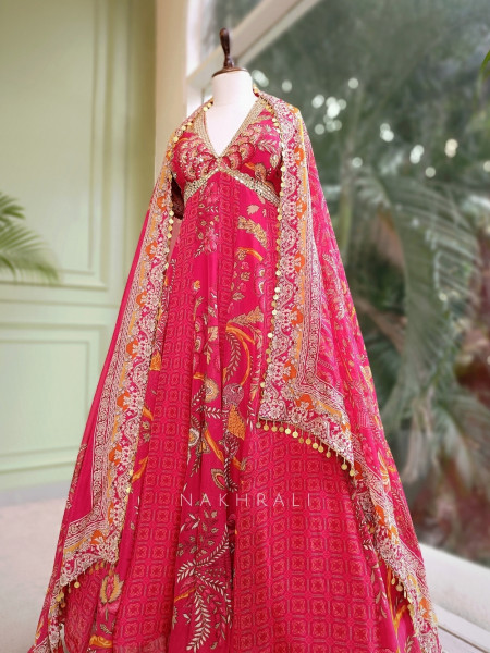 Hoor Red Anarkali Dupatta Set with Mirror & Sequin Work