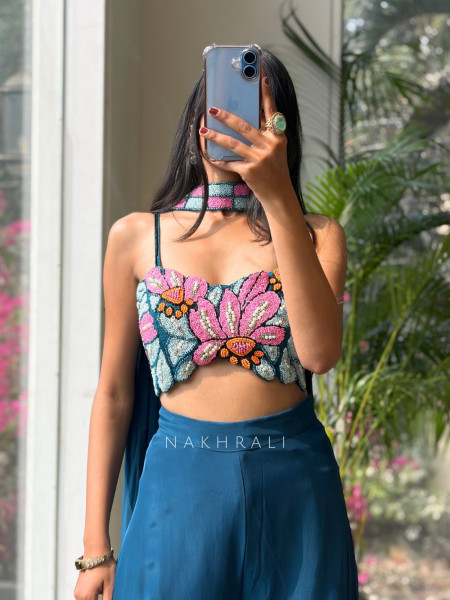 Beaded Bloom Blue Crop Top Palazzo Set with Choker Dupatta