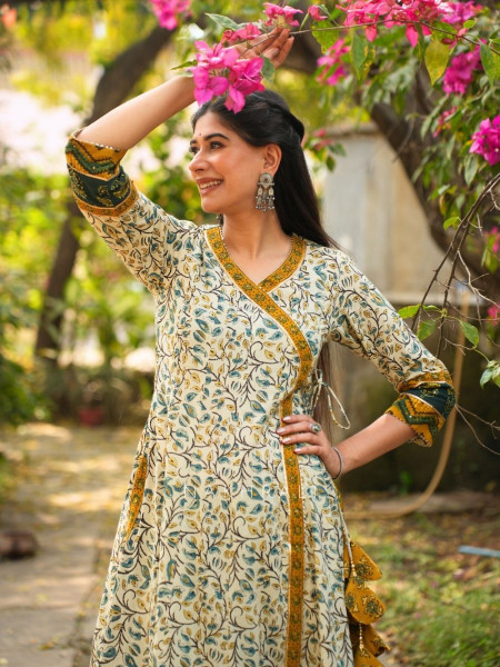 Mirza Cream Angrakha Cotton Kurta Pant Set