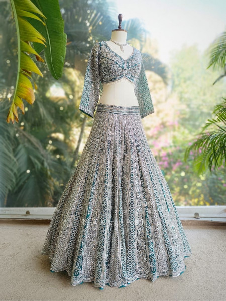 Rivarka Rama Green Mirror and Bead Embroidered Bridal Lehenga