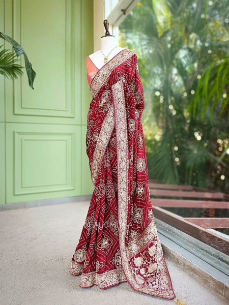 Rivaya Maroon Bandhej Saree With Runing Blouse