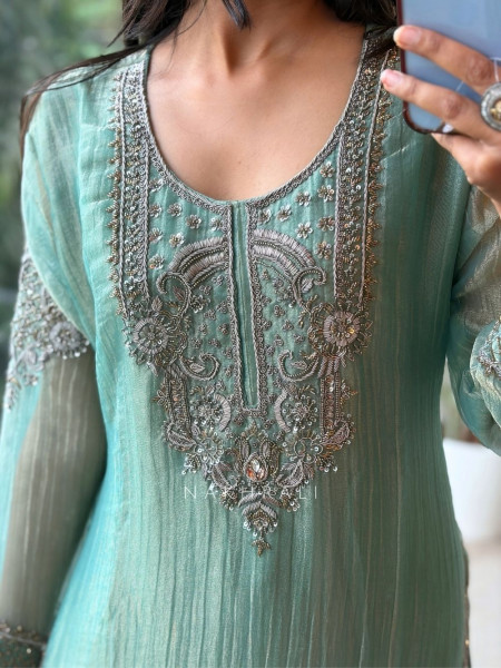 Mrinalini Sea Green Tissue Silk Suit Set