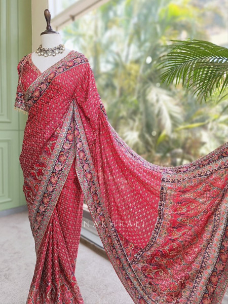 Chitralekha Magenta Printed Saree with Sequin Embroidery