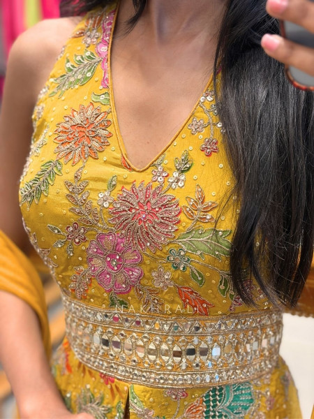 Tirva Yellow Indo Western Palazzo Set with Floral Print and Mirror Work