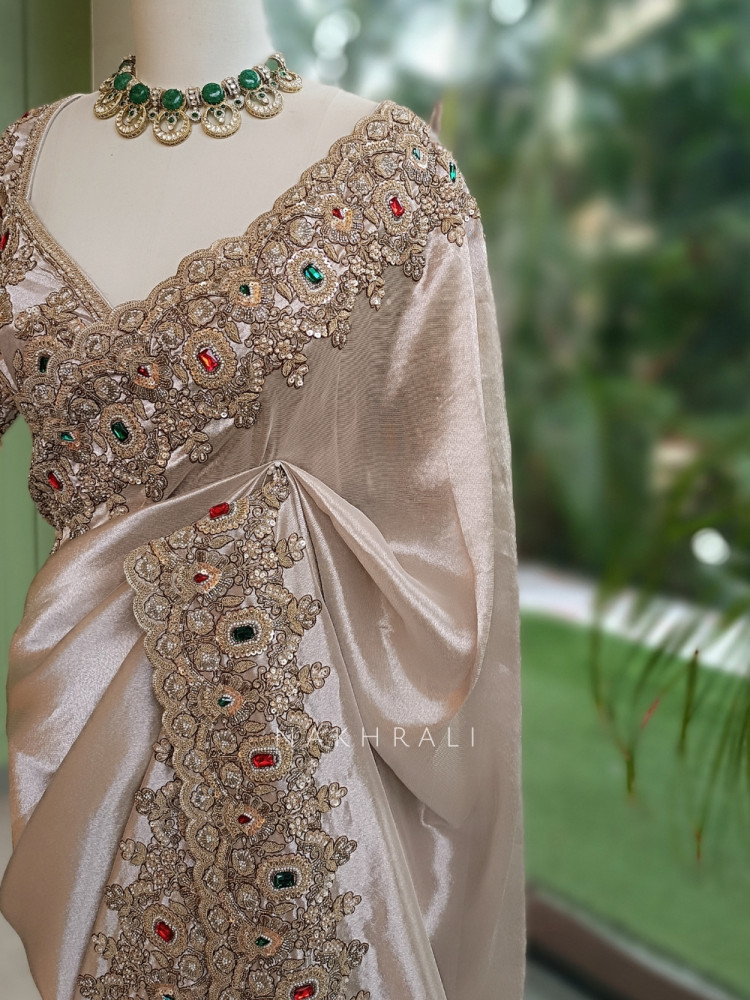 Image of Rajvika Beige Metallic Tissue Silk Saree with Readymade Blouse