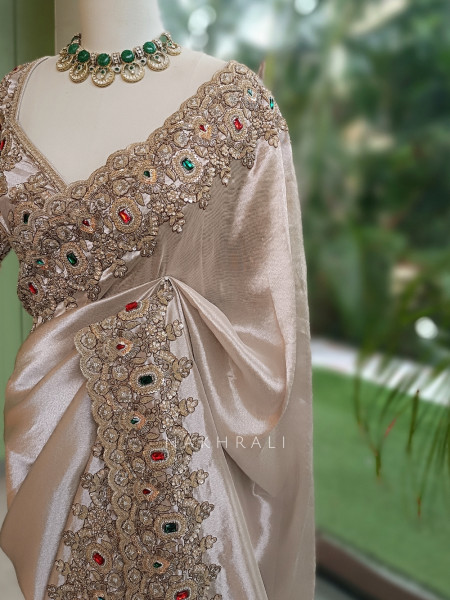 Rajvika Beige Metallic Tissue Silk Saree with Readymade Blouse
