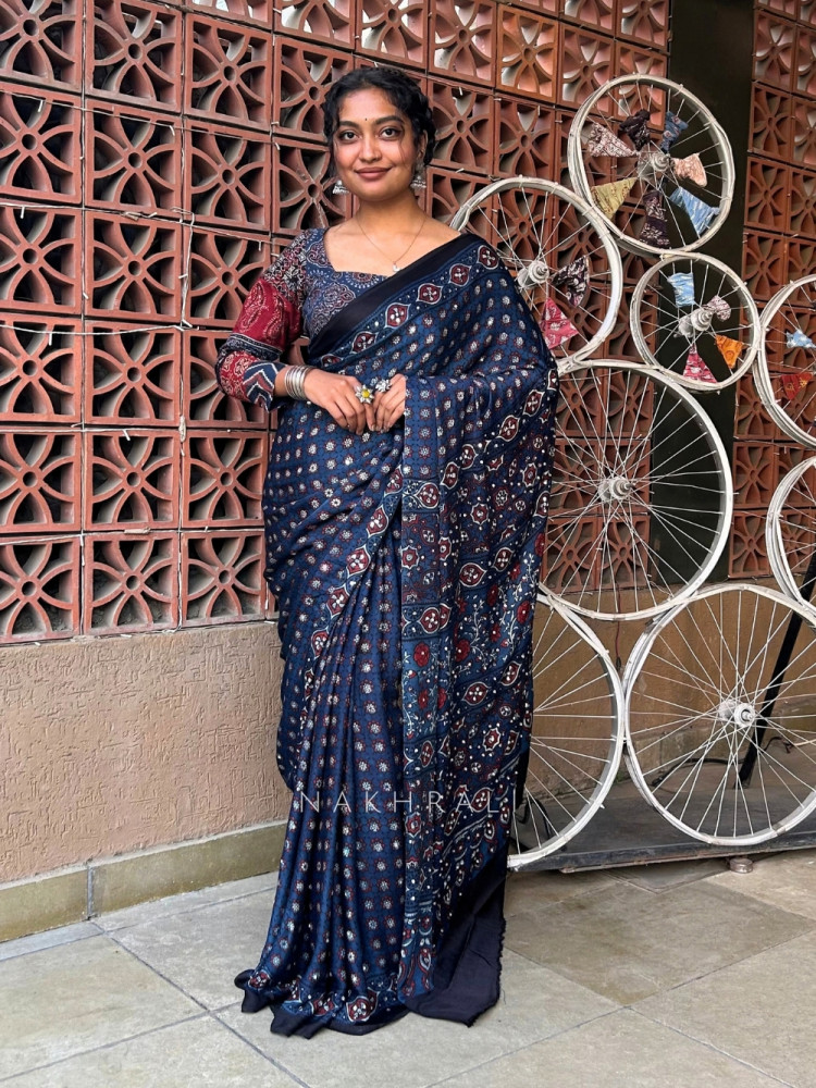 Image of Nargis Blue Modal Silk Saree With Ajrakh Print
