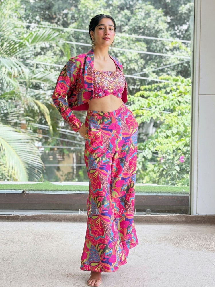 Image of Kaleido Pop Multicolor Silk Blend Indo-Western Crop Top Pant Set