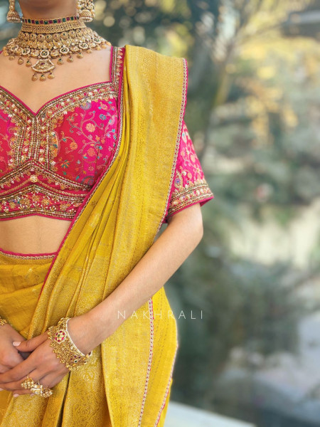 Mrignayani Lime Green Saree with Embroidered Blouse & Brocade Weave