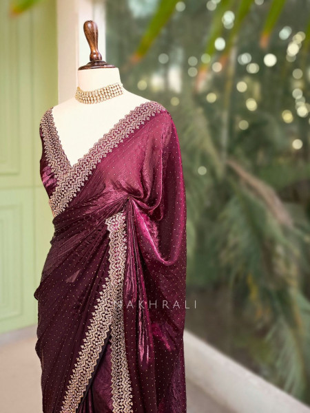 Noira Wine Stone Work Saree with Embellished Border
