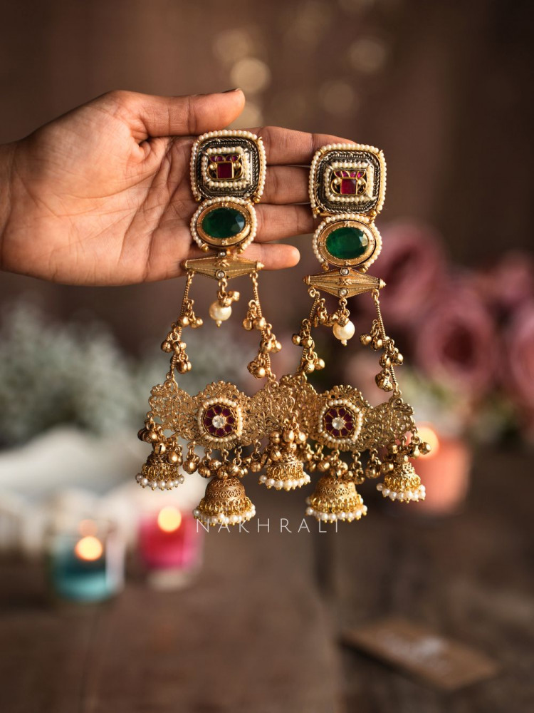 Image of Alviora Emerald Grand Jhumka Long Earrings