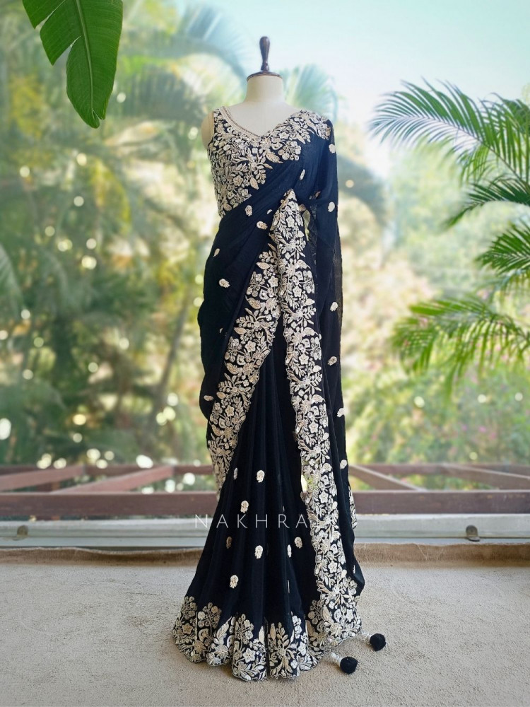 Tnt Rishka Rishka Black Saree with Embroidery and Sequin Work