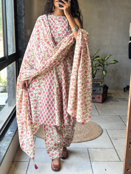 Gulnaar Yellow Rayon Cotton Anarkali Suit Set with Floral Print