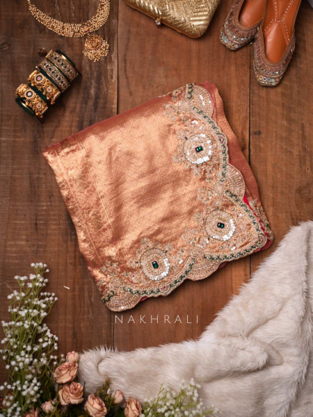 Devyani Peach Tissue Silk Saree with Zari and Zardozi Work