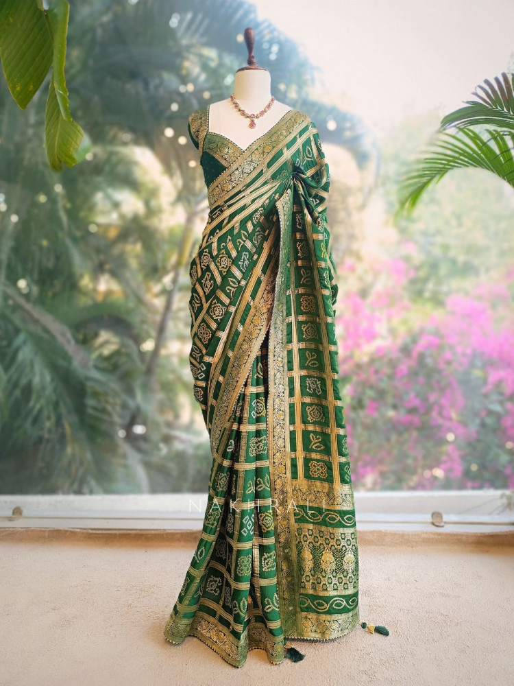 Image of Rangriti Green Bandhani Saree with Gota Border