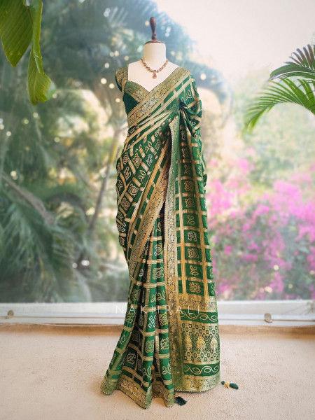 Rangriti Green Bandhani Saree with Gota Border