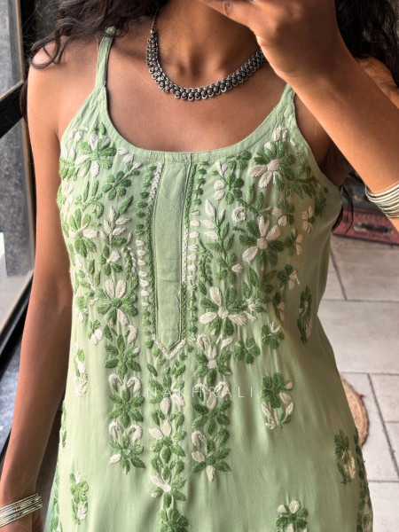 Solira Coral Pista Green  Rayon Kurta Pant Set with Chikankari Work