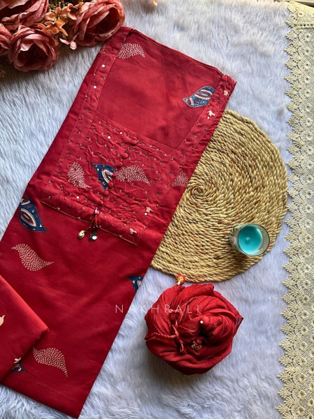 Pakheru Red Cotton Dress Material