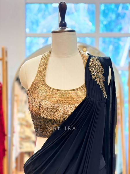 Nyra Black Sequin Blouse Drape Saree Set