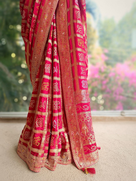 Rangriti Red Bandhani Saree with Gota Border