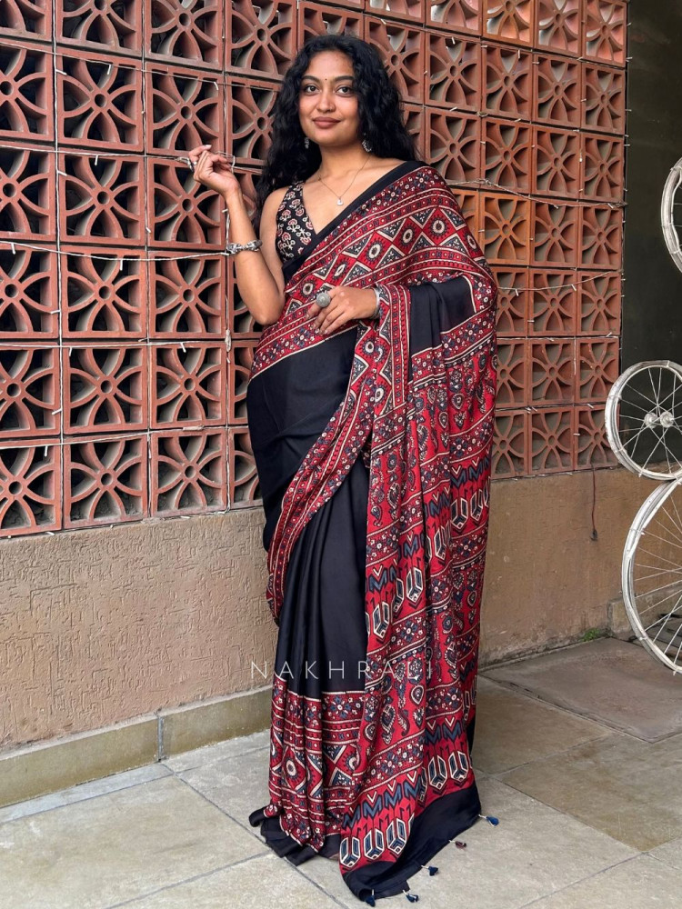 Image of Kamali Red Modal Saree with Ajrak Border
