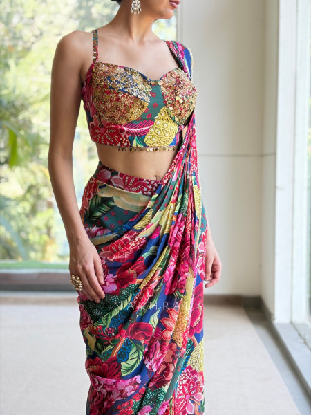 Florvessa Multicolor Satin Crepe Pre-Draped Saree