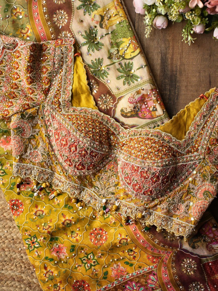 Image of Virel Rust Designer Saree with Bead Stone Embbroidered Blouse