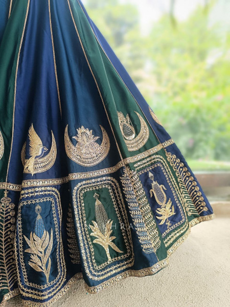 Nishika Navy Blue & Emerald Green Silk Satin Lehenga