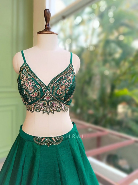 Canvas Green Lehenga Set with Abstract Print Jacket and Cut Dana Work