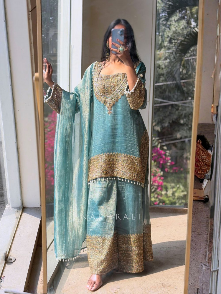Image of Zoya Blue Tissue Suit Set with Zari Work